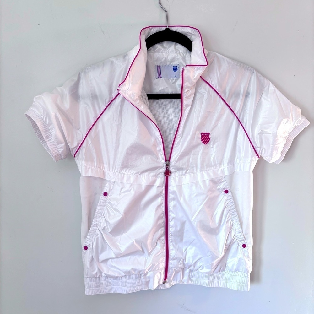 K Swiss 95 Women’s Short Sleeve Zip Up White/Red Piping Pockets Size Medium